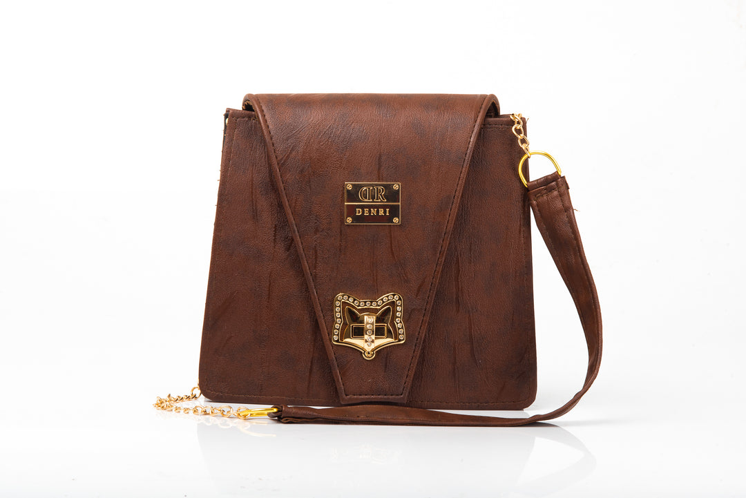 Denri Ladona | Compact Sling Handbag | Daily & Evening Essentials | Textured Leather with Twist-Lock & Chain Sling Strap | Affordable Everyday Luxury