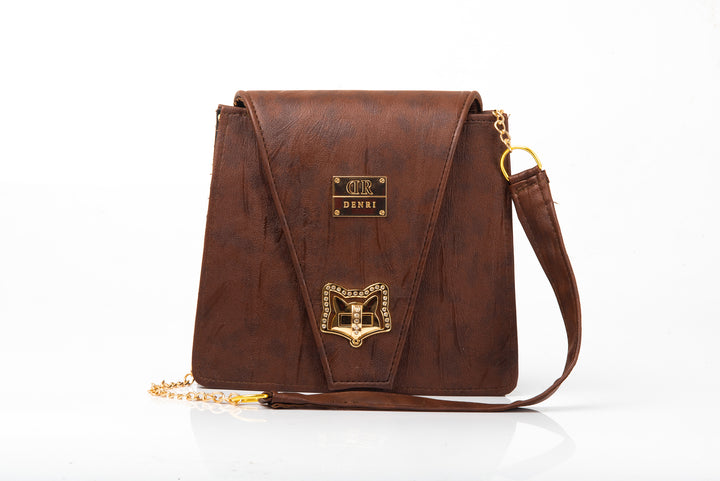 Denri Ladona | Compact Sling Handbag | Daily & Evening Essentials | Textured Leather with Twist-Lock & Chain Sling Strap | Affordable Everyday Luxury