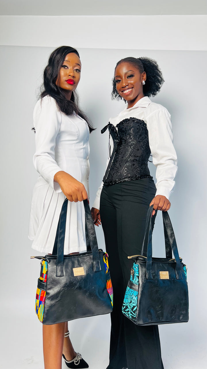 Denri Cathy | Everyday Tote-Shoulder Bag | Casual, Professional & Semi-Formal Carry | Vegan Leather with Ankara Fabric Panels | Elegantly Cultural, Eco-Friendly Design