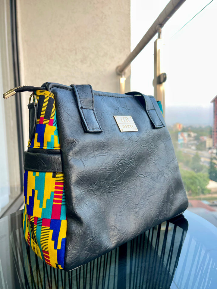 Denri Cathy | Everyday Tote-Shoulder Bag | Casual, Professional & Semi-Formal Carry | Vegan Leather with Ankara Fabric Panels | Elegantly Cultural, Eco-Friendly Design