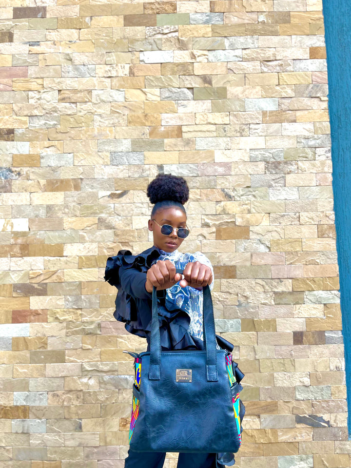 Denri Cathy | Everyday Tote-Shoulder Bag | Casual, Professional & Semi-Formal Carry | Vegan Leather with Ankara Fabric Panels | Elegantly Cultural, Eco-Friendly Design