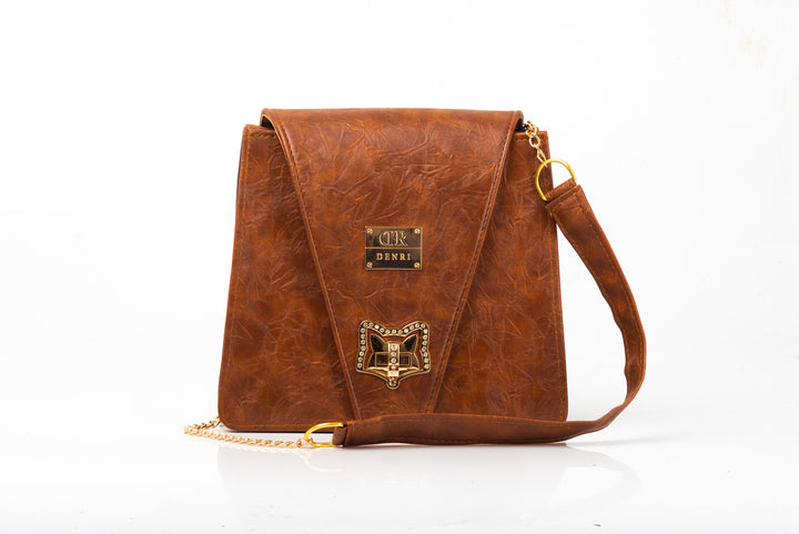 Denri Ladona | Compact Sling Handbag | Daily & Evening Essentials | Textured Leather with Twist-Lock & Chain Sling Strap | Affordable Everyday Luxury