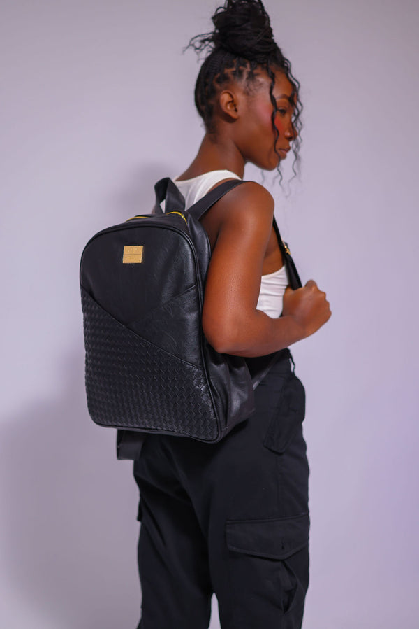 Denri Africa's black Monah Backpack. Stylish black heavy‑duty backpack, versatile for school, work or travel needs.
