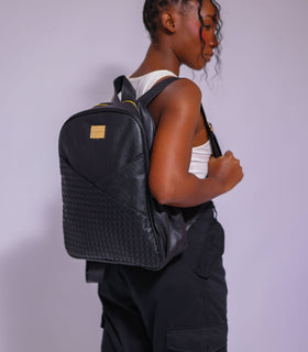 Denri Africa's black Monah Backpack. Stylish black heavy‑duty backpack, versatile for school, work or travel needs.