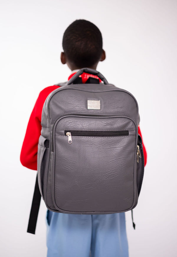 Denri Africa's gray Pioneer Backpack. Gray multipurpose backpack, water-resistant outer fabric, school or travel use.