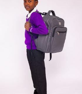 Denri Africa's gray Pioneer Backpack. Grey everyday backpack, large capacity, padded laptop/document sleeve.