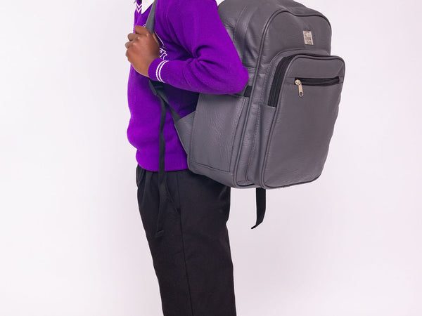 Denri Africa's gray Pioneer Backpack. Grey everyday backpack, large capacity, padded laptop/document sleeve.