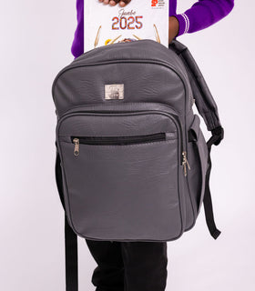 Denri Africa's gray Pioneer Backpack. Gray school backpack, heavy-duty zippers, practical for daily commuting or classes.