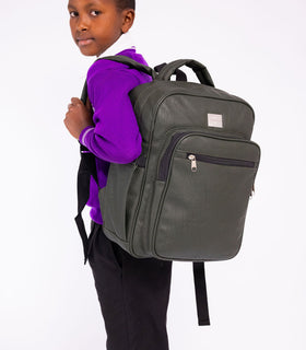 Denri Africa's green Pioneer Backpack. Green heavy-duty backpack, padded straps, spacious for books, laptop, or travel gear.