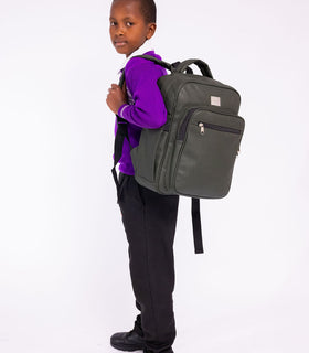 Denri Africa's green Pioneer Backpack. Green everyday backpack, secure zippers and compartments, versatile for travel or class.