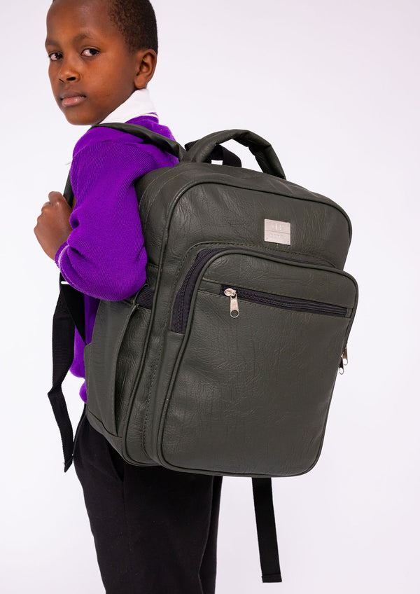 Denri Africa's green Pioneer Backpack. Green laptop backpack, ergonomic back panel, suitable for work or school.