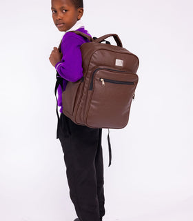 Denri Africa's brown Pioneer Backpack. Brown multipurpose backpack, adjustable straps, ideal for heavy daily use.
