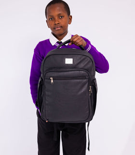 Denri Africa's black Pioneer Backpack. Black all-purpose backpack, durable and comfortable, suitable for everyday use.