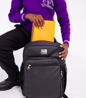 Denri Africa's black Pioneer Backpack. Black functional backpack, spacious storage and sleek finishing.