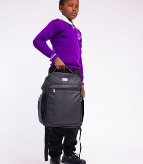 Denri Africa's black Pioneer Backpack. Black large-capacity backpack, sturdy fabric, ideal for classes or business travel.
