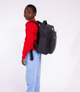 Denri Africa's black Pioneer Backpack. Black student backpack, organized storage, comfortable for all-day wear.