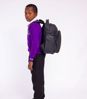 Denri Africa's black Pioneer Backpack. Black multipurpose backpack, padded laptop/document sleeve, heavy-duty build.