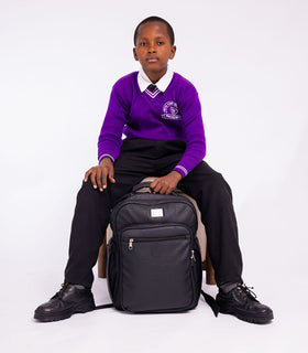 Denri Africa's black Pioneer Backpack. Black durable backpack, spacious compartments for books, laptop or travel gear.
