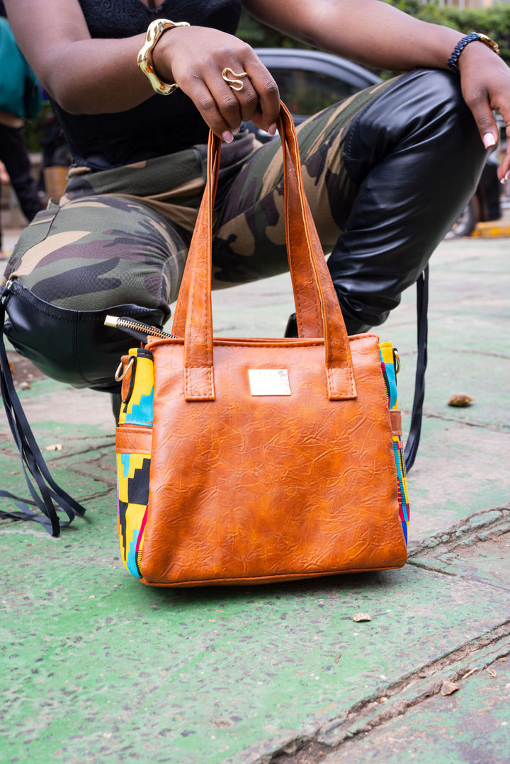Denri Cathy | Everyday Tote-Shoulder Bag | Casual, Professional & Semi-Formal Carry | Vegan Leather with Ankara Fabric Panels | Elegantly Cultural, Eco-Friendly Design