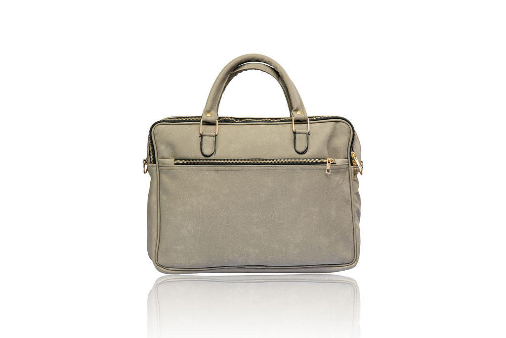 Denri Africa's gray Denri Sleek Professional Legacy Briefcase. Sleek work bag for laptops, neutral-tone vegan leather briefcase, professional style.