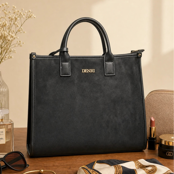 Denri | Nala Tote Bag | Dual-Texture Suede & Faux Leather Tote | Gold Hardware, Laptop-Ready