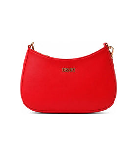 Red DENRI x LAMORA limited edition crossbody bag made of premium faux leather for women's designer fashion styling.