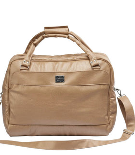 Denri Africa's beige Voyage Travel Bag. Neutral-tone vegan-leather travel duffle, spacious bag for travel or short trips.