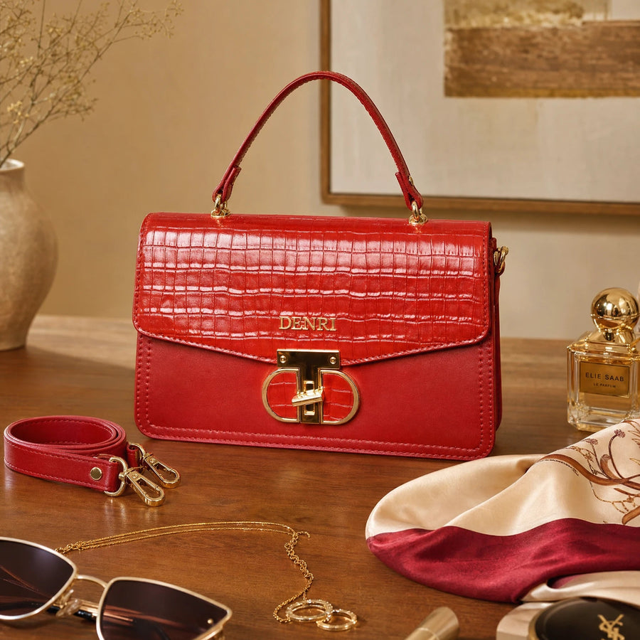 DENRI x KRIS BABY x NAIROFEY La Femme Limited Edition Top Handle Bag | Premium Croc Faux Leather, Gold Hardware