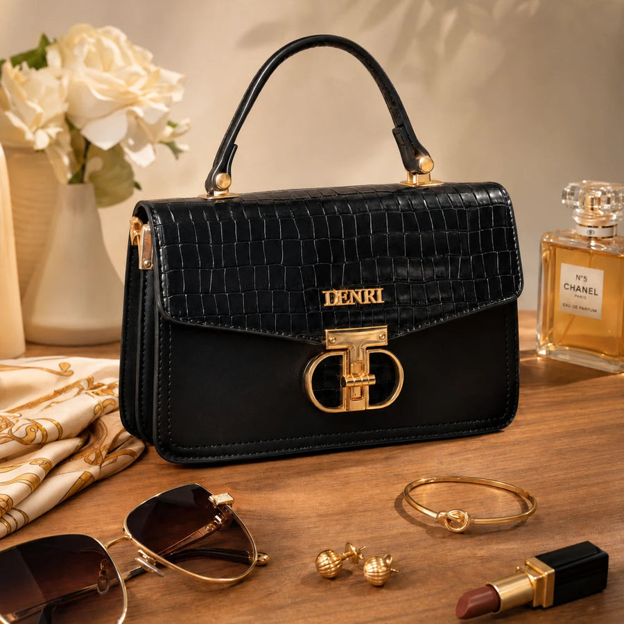 DENRI x KRIS BABY x NAIROFEY La Femme Limited Edition Top Handle Bag | Premium Croc Faux Leather, Gold Hardware