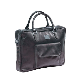 Denri Africa's Black Denri Sleek Professional Legacy Briefcase. Metallic-tone laptop bag, stylish vegan leather office briefcase, modern work accessory.