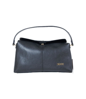 Denri Slouch Shoulder Bag | Soft Fold-Over Handbag | Back Slip Pocket & Striped Webbing Crossbody Strap – Black