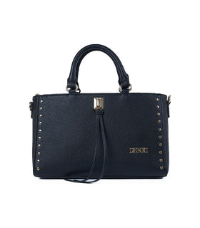 Denri Studded Satchel | Structured Top-Handle Handbag | Gold Studs, Turn-Lock Clasp & Detachable Strap – Black