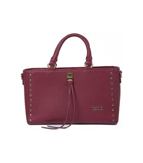 Denri Studded Satchel | Structured Top-Handle Handbag | Gold Studs, Turn-Lock Clasp & Detachable Strap – Burgundy