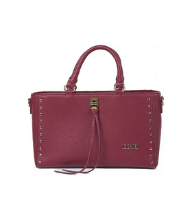 Denri Studded Satchel | Structured Top-Handle Handbag | Gold Studs, Turn-Lock Clasp & Detachable Strap – Burgundy