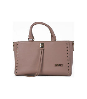 Denri Studded Satchel | Structured Top-Handle Handbag | Gold Studs, Turn-Lock Clasp & Detachable Strap – Nude