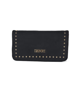 Denri Studded Wallet Crossbody | Suede-Effect Wallet Purse | Gold Studs, Zip Divider & Detachable Strap – Black