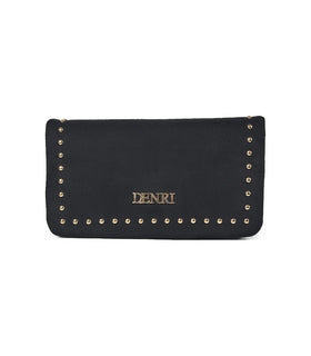 Denri Studded Wallet Crossbody | Suede-Effect Wallet Purse | Gold Studs, Zip Divider & Detachable Strap – Black
