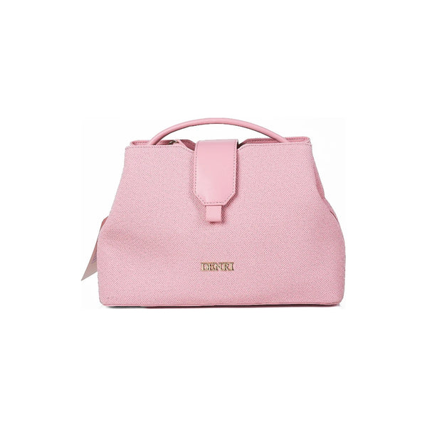 Denri Woven Top Handle Bag | Textured Ladylike Handbag | PU Trims, Fold-Over Tab & Detachable Strap – Pink