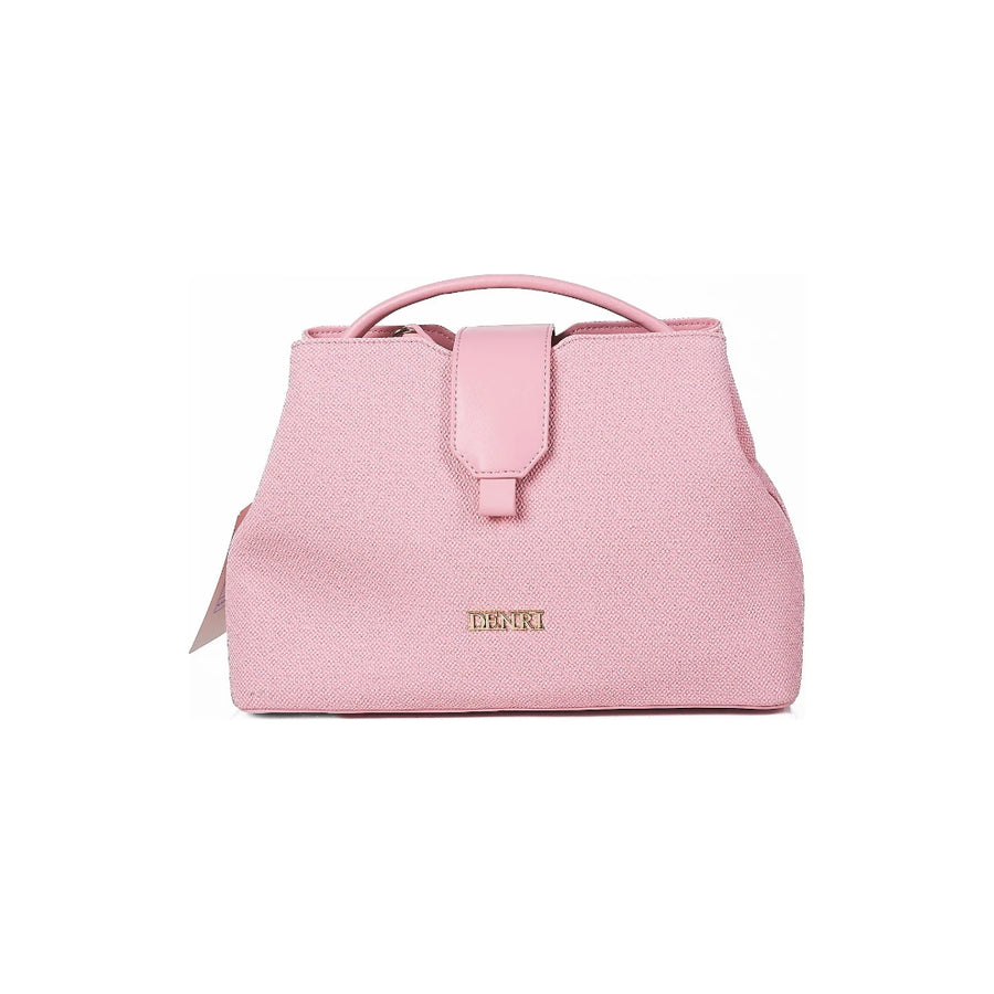 Denri Woven Top Handle Bag | Textured Ladylike Handbag | PU Trims, Fold-Over Tab & Detachable Strap – Pink